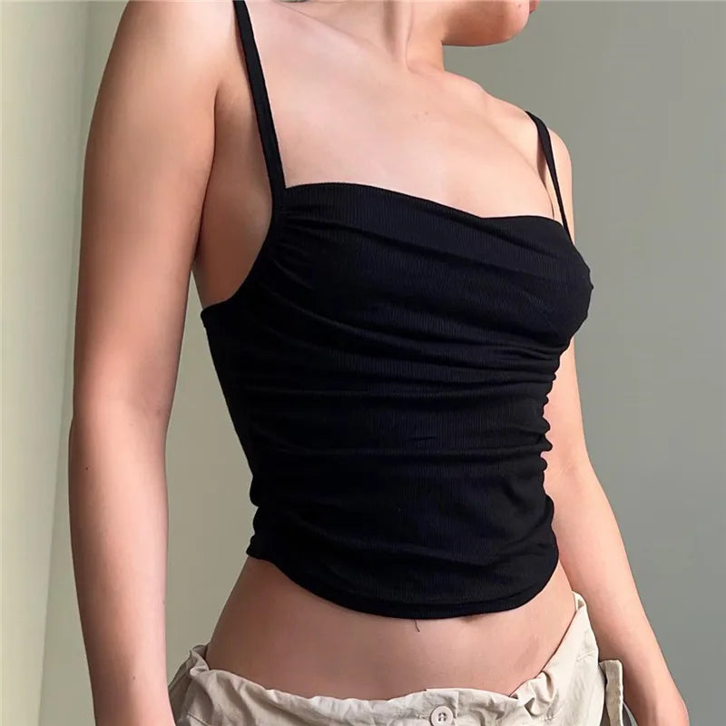 Bxoxo Spaghetti Straps Ruched Tank Top Casual All-matching Low-cut Backless Crop Tops Simple Underwear Bodycon Corsets