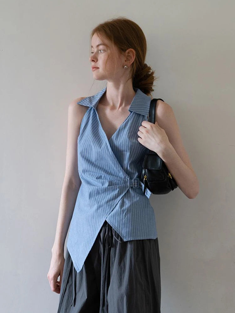 Bxoxo Sexy V Neck Slim Striped Tanks Women Vintage Sleeveless Irregular Tees American Retro Casual Summer Female Elegant New Tops