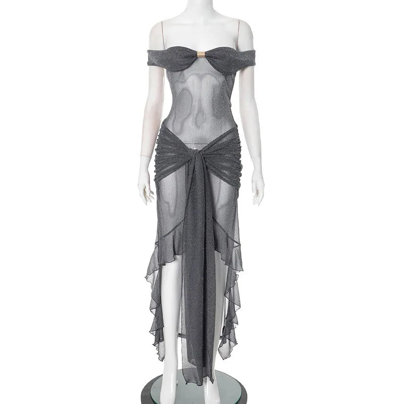 BXOXO  Mesh See Through Ruffled Sexy Maxi Dress For Women Gown Gray Off-shoulder Strapless Backless Ruched Long Dress Vestido