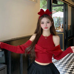Bxoxo Sexy Off Shoulder Sweater Women Christmas Elegant Manners Bow Solid Two Piece Knit Jumpers Chic Vest Commuter Office Lady Tops