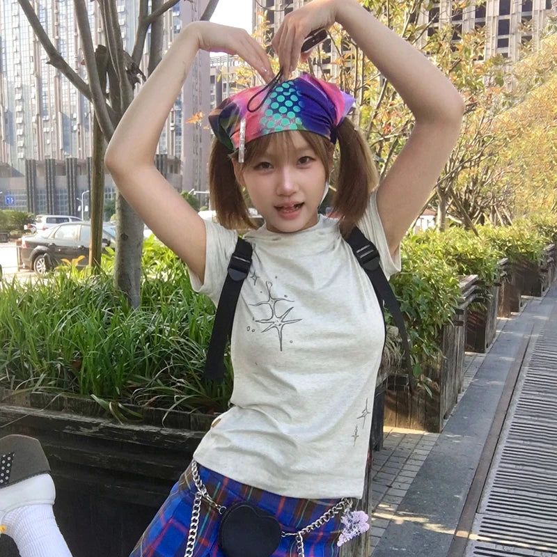 BXOXO Japanese Y2k Stand Collar T-shirt Trashy 2000s Style Short Sleeve Tee Shirt Vintage Harajuku Streetwear American Retro