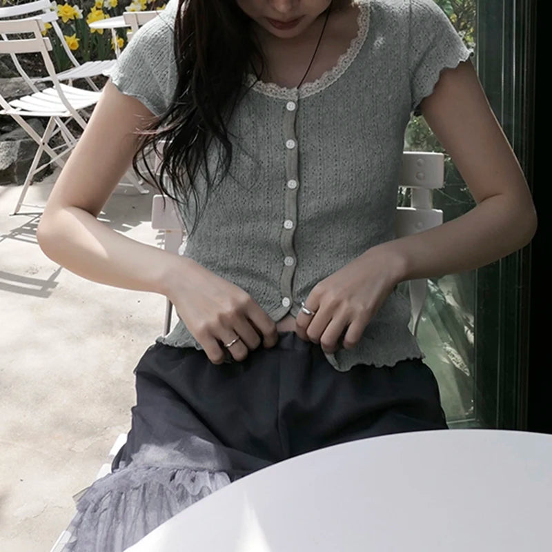Bxoxo Kawaii Lace Stitching Grey Knitted Crop Top Korean Fashion Short Sleeve Button-up Skinny T-shirt for Women Y2k Streetwear
