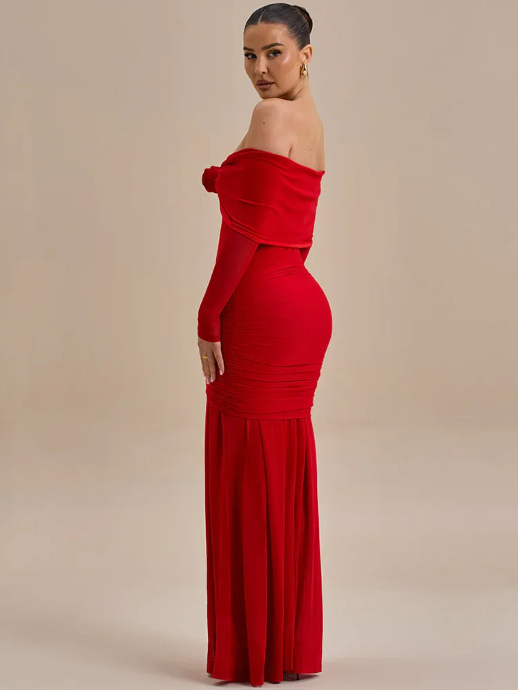 BXOXO  Off-shoulder Strapless Rose Sexy Maxi Dress For Women Fashion Long Sleeve Backless Ruched Bodycon Club Party Dress