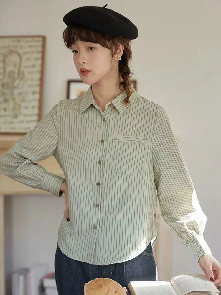 Bxoxo Preppy Style Retro Striped Shirt Women Long Sleeve Elegant Sweet Blouse Japan Casual Pocket Fall Female Simple Vintage Tops New