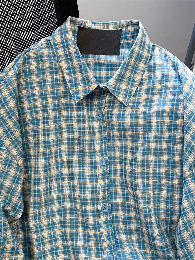 Bxoxo Retro Blue Plaid Shirt Women Casual Fall Long Sleeve Harajuku Retro Blouse Japan Preppy Style Female Turn Down Collar Tops