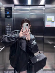 Bxoxo Black Pu Leather Coats Women Y2K Fashion Streetwear Loose Motorcycle Jacket Autumn American Female Lapel All Match Outwear