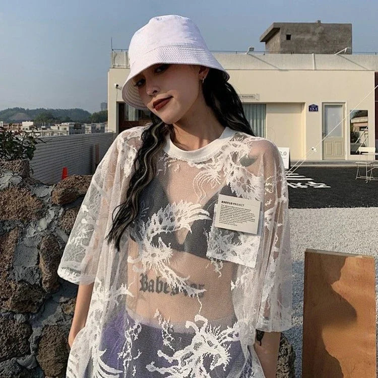 BXOXO Japanese O-neck Oversize Tee Shirt Summer Sexy See Through Mesh Lace T-shirt Y2k E-Girl Short Sleeve Bottoming Tops Women