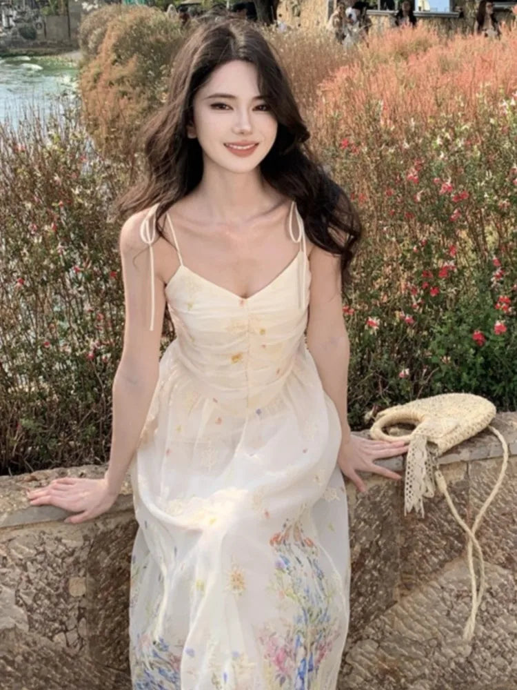 Bxoxo Summer French Print Embroidery Women's Dresses 2025 Prairie Chic Elegant V-Neck Pleated Lace-up Long Dress New Fashion Casual