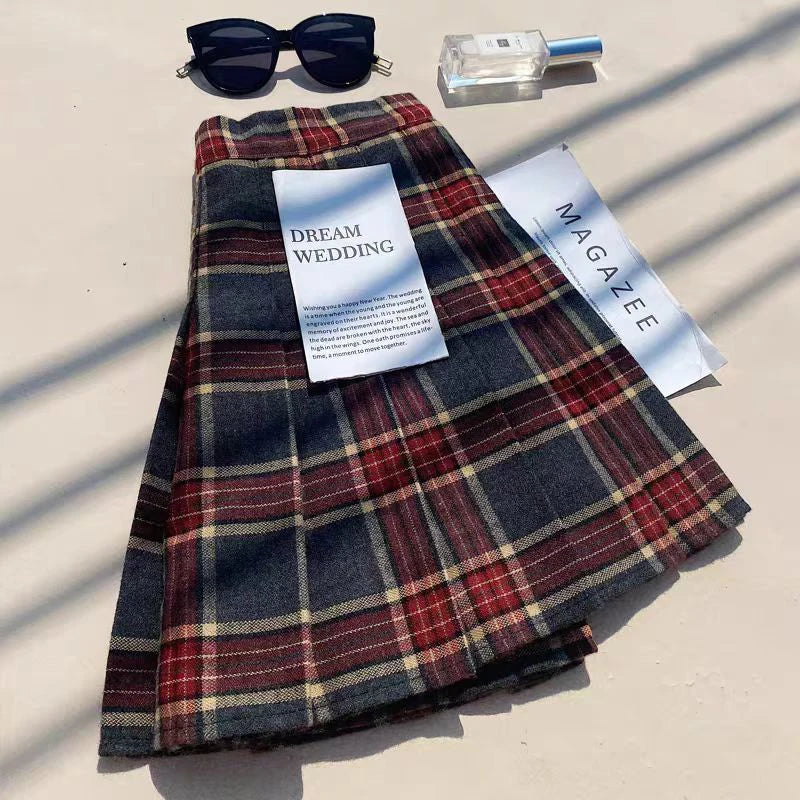 Bxoxo Plaid Woolen Pleated Skirts for Women Fall Winter High Waist Preppy Warm Mini Skirts Lady Fashion Korean All-Match A Line Skirts