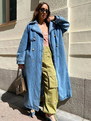 BXOXO X-Long Denim Trench Coats For Women Belt On Waist Slim Jean Coats Ladies Jaqueta Feminina Blue Jean Jacket Woman