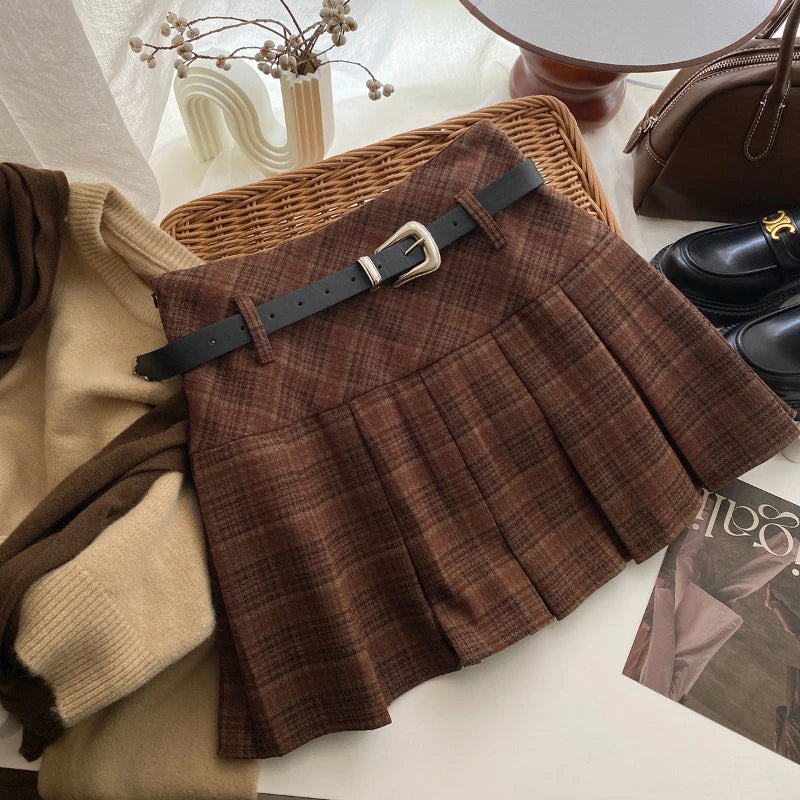 BXOXO Vintage Plaid Skirt Women Preppy Style Kawaii Pleated Skirt Korean Fashion Autumn Winter A-line Streetwear Mini Skirts