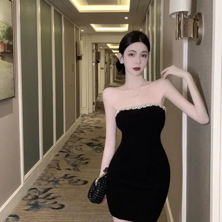 BXOXO Off Shoulder Diamond Strapless Dress for Women Sexy Slim Waist Black Bodycon Dresses 2025 Summer New Vestidos De Mujer