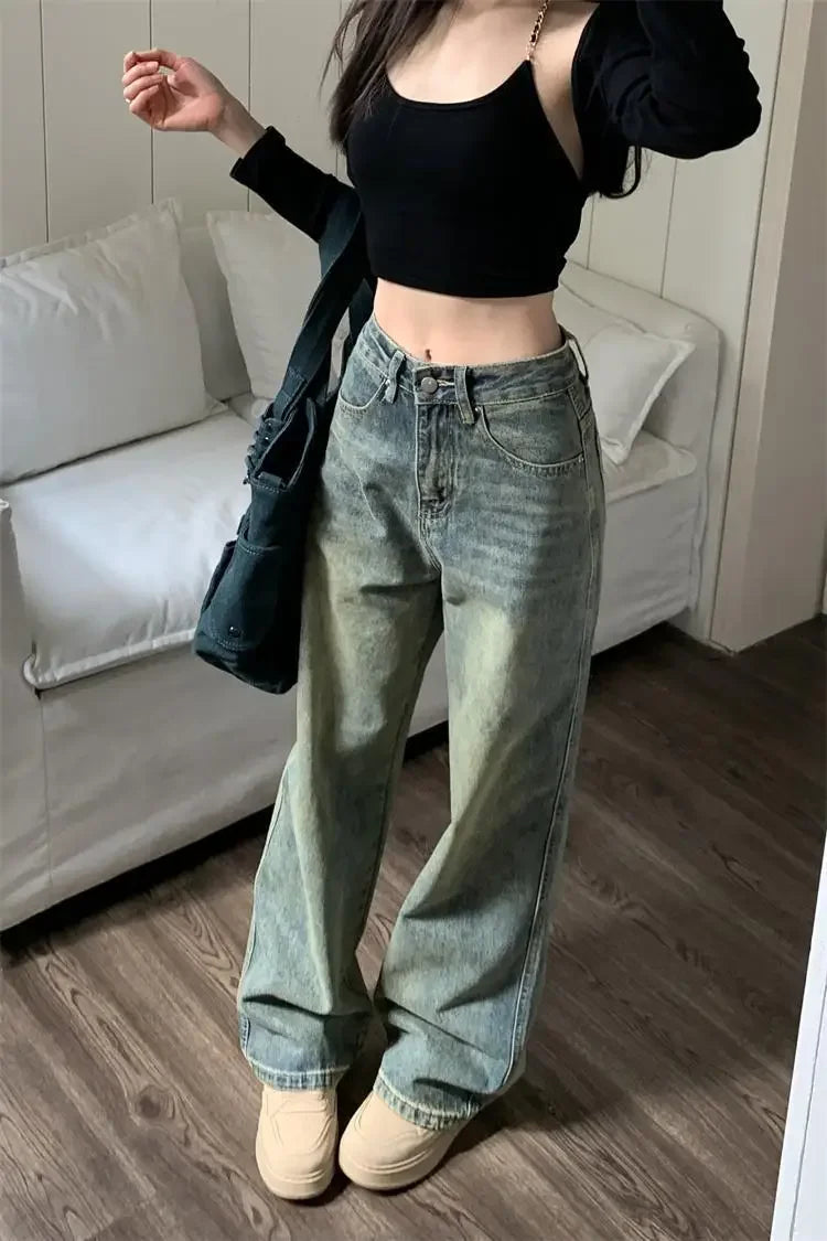 Bxoxo Vintage High-waisted Slimming Jeans American Style Casual Bell Bottoms Versatile Straight-leg Long Pants For Women