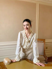 Bxoxo Elegant Wood Ear V Neck Shirt Women Korean Chic Rose Decoration Long Sleeve Tops Y2K Autumn Patchwork Office Lady Casual Blouse