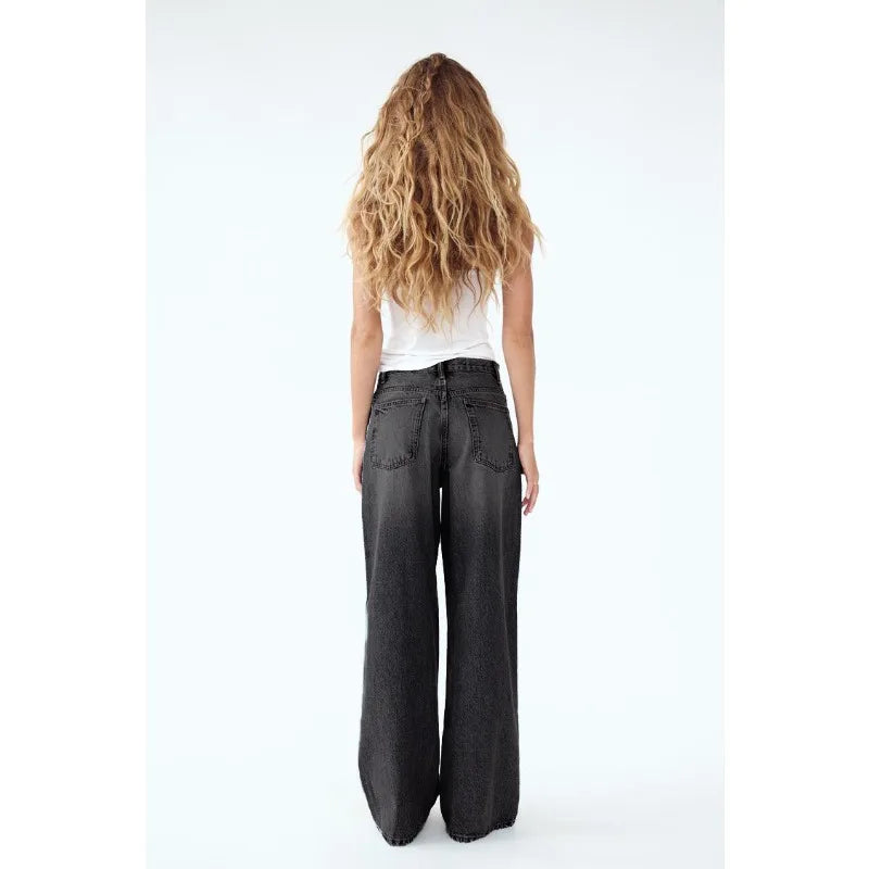 Bxoxo Vintage Basic Irregular Women Jeans Washed Wide Leg Straight Denim Pants Baggy High Waist Asymmetrical Trousers Casual
