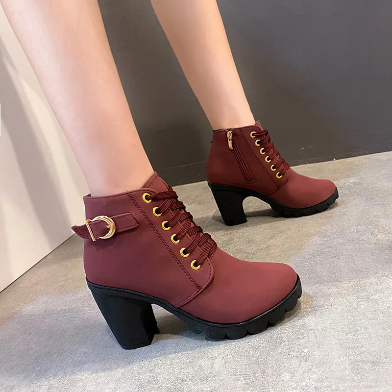 BXOXO Boots Women Shoes Women Fashion High Heel Lace Up Ankle Boots Ladies Buckle Platform Artificial Leather Shoes bota feminina