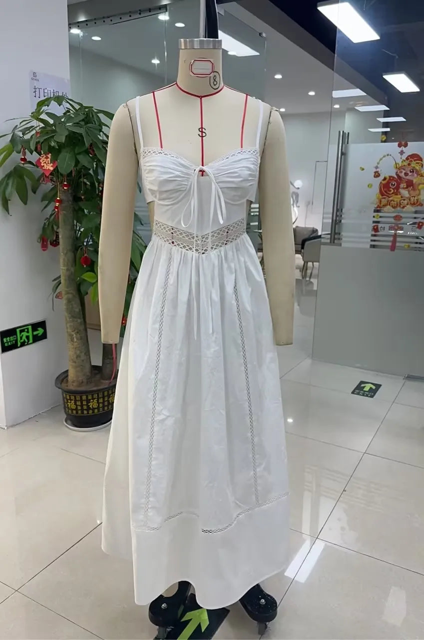 BXOXO Women Hollowed Long Cami Dress with Bow Tie-up Sweetheart Neck Cut Out Back Spaghetti Strap Dress for Daily Party