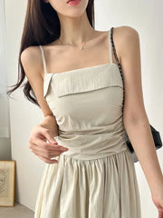Bxoxo Summer Women's Gown Strapl High Waist Pleated A-Line Midi Dr Korean Sle Pure Desire Long Skirt Commute Faion