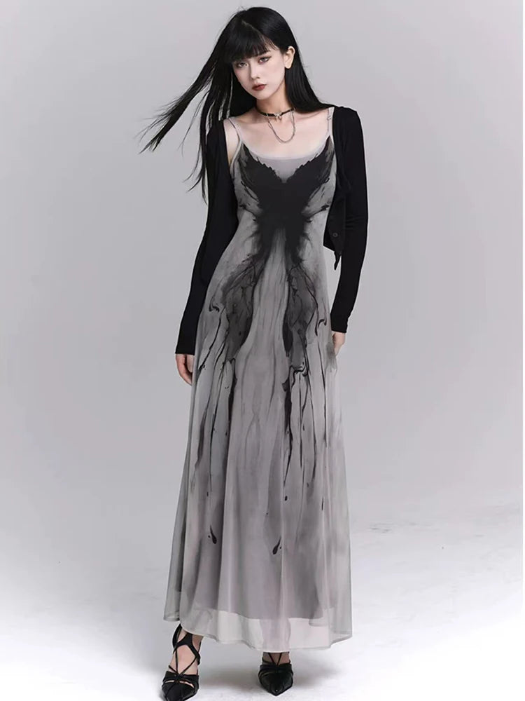 Bxoxo Retro Ink Butterfly Tie Dye Camis Dress Women Summer Slim Sleeveless Midi Dress Y2K Korean Sweet Mesh Spaghetti Straps Vestidos