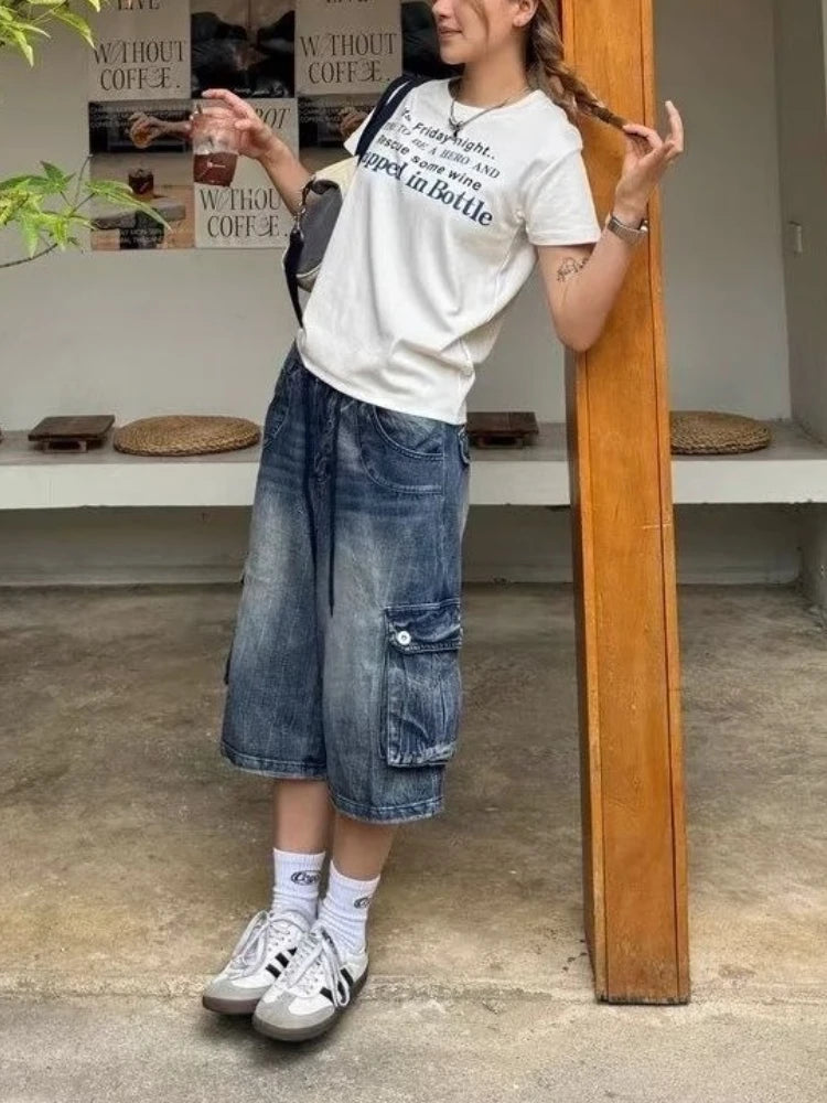 Bxoxo American Retro Blue Denim Calf Length Pants Women Harajuku Y2K Washed Loose Jeans Shorts High Waist Streetwear Wide Leg Shorts