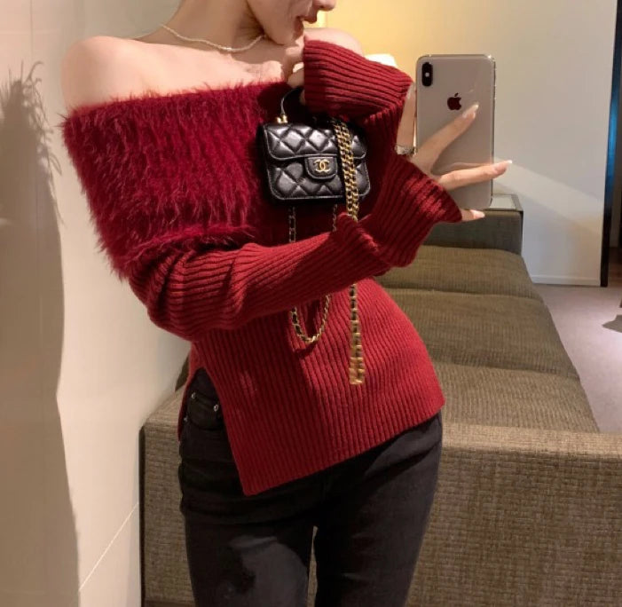 Bxoxo Off-shoulder Tops Cherry Red Fuzzy Knit Side Slits Long Sleeve Off The Shoulder Sweater Autumn Winter Christmas Festival Outfit