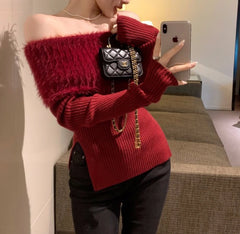 Bxoxo Off-shoulder Tops Cherry Red Fuzzy Knit Side Slits Long Sleeve Off The Shoulder Sweater Autumn Winter Christmas Festival Outfit
