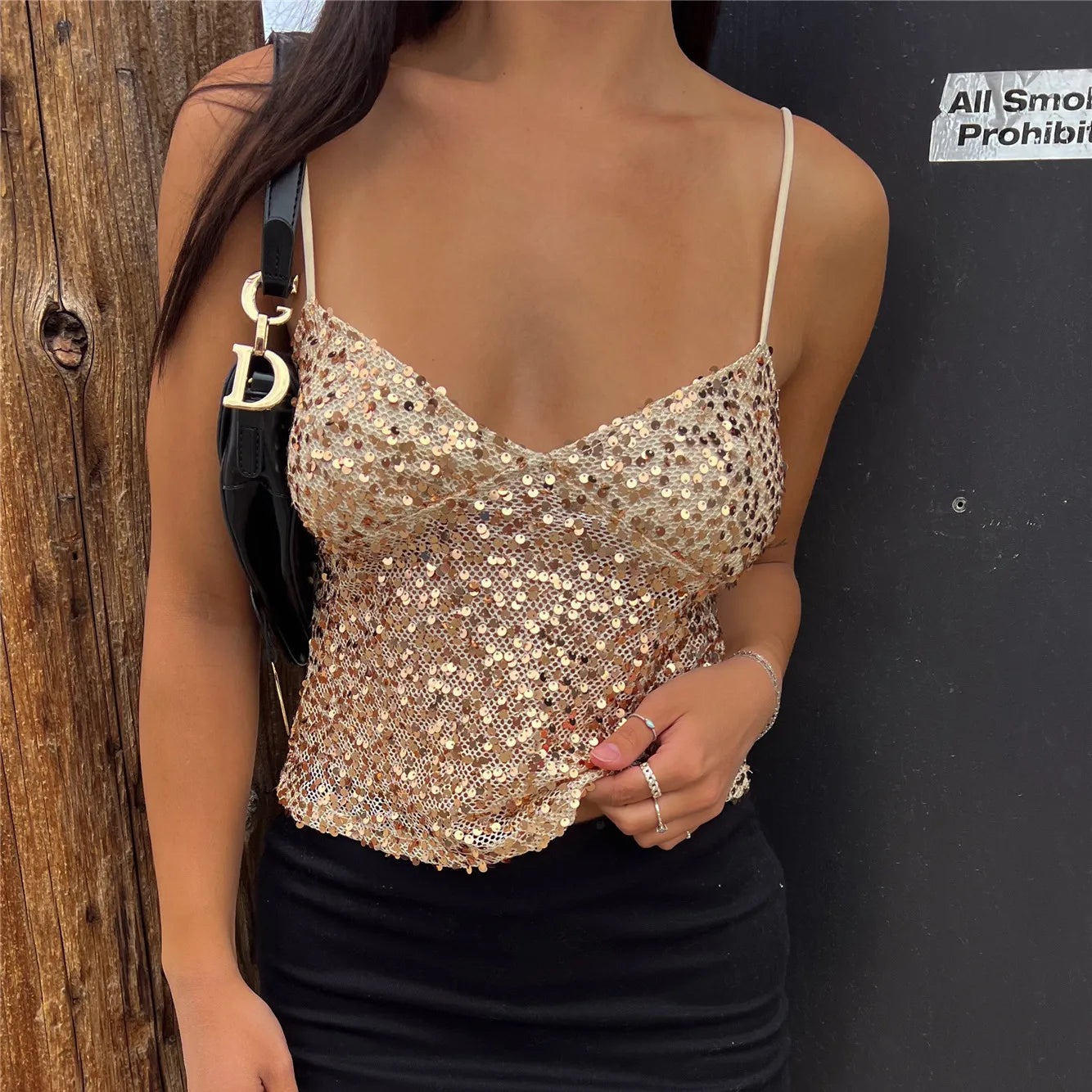 BXOXO  Women Y2k Glitter Sequin Cami Top Spaghetti Strap Backless Sparkle Camisole Sexy V Neck Crop Tank Top Party Clubwear