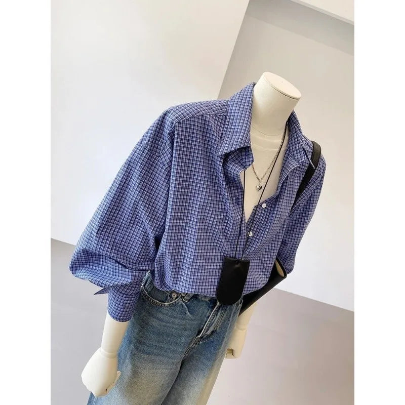 Bxoxo Blue Basic Vintage Plaid Women's Shirts Harajuku Long Sleeve Korean Fashion Blouses Loose Casual Commuting Youthful