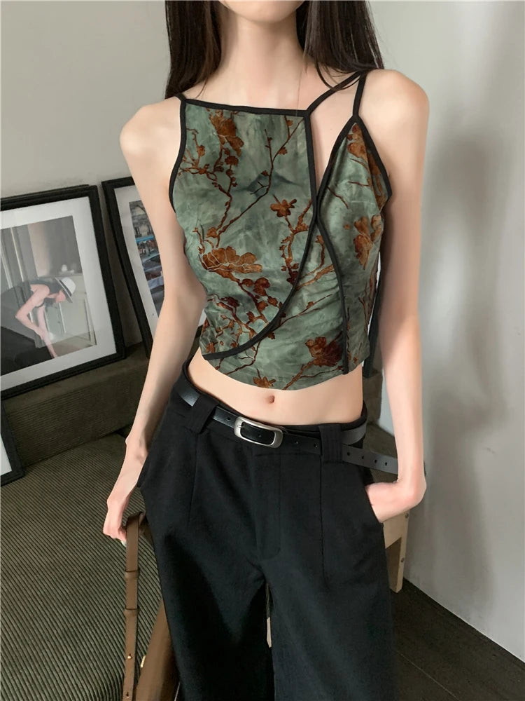 Bxoxo Flocking Floral Vintage Crop Cami Top For Women 2024 Sleeveless Flower Green Tops Designer Clothes Luxury