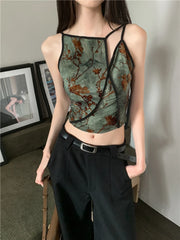 Bxoxo Flocking Floral Vintage Crop Cami Top For Women 2024 Sleeveless Flower Green Tops Designer Clothes Luxury