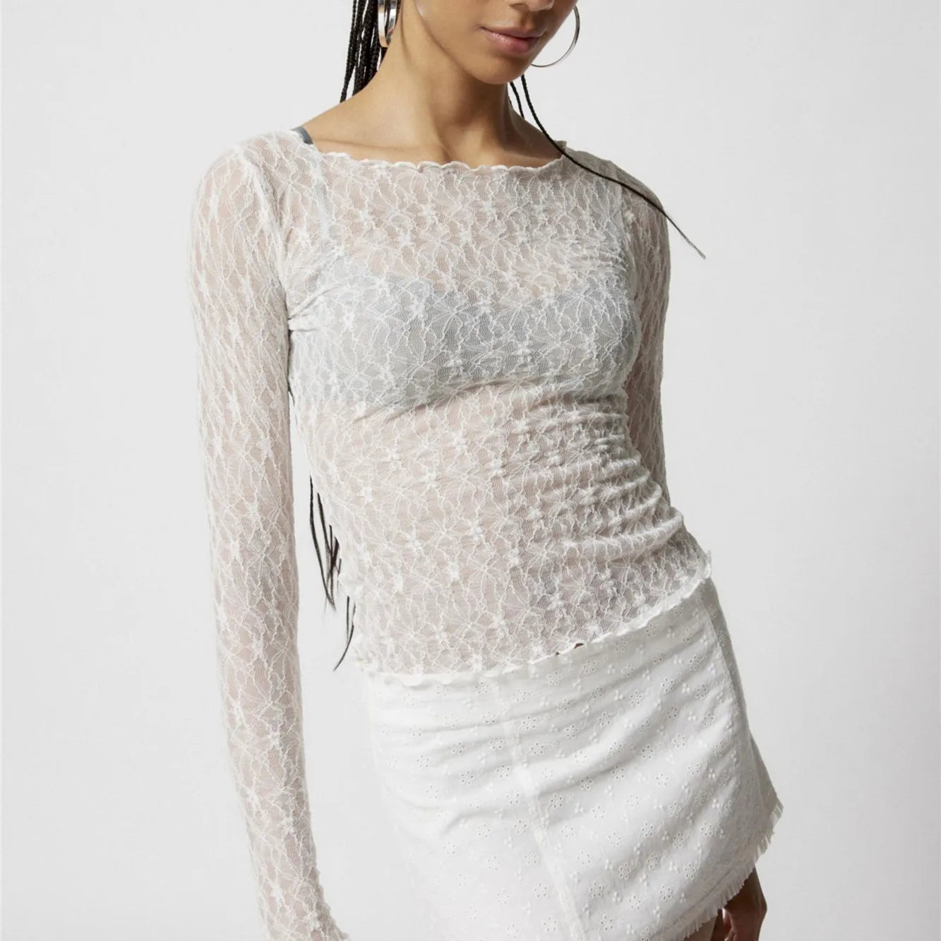 BXOXO Vintage Asymmetric Slim Fit Crop Tops Fairy Coquette Floral Lace Sheer Tshirt Tops Summer Long Sleeve T Shirts Women