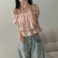 Bxoxo Summer New Sle Double Layered Chiffon irt with Bow Tie Bubble Sve Square Collar ort Sve Women's Faion Top