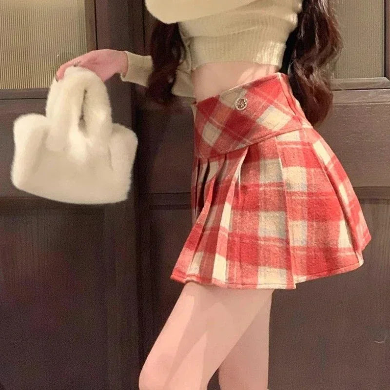 BXOXO Winter Plaid Skirt Women Vintage Woolen Korea Dongdaemun Preppy Cute Sexy Check Pleated Mini Skirt  School