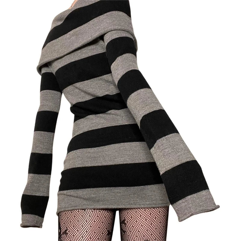 BXOXO Y2K Striped Sweater Mini Dress Mall Goth Grunge Emo Bodycon Chic Women Off Shoulder Full Sleeve Slim Fit Dresses 00s Vintage