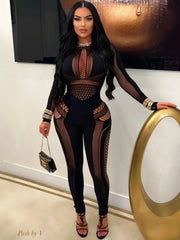 BXOXO Sexy Knitted Hollow Out One Piece Pajama Tight Seductive Jumpsuit Women Elastic Slim Pencil Pants Party Night Clubwear