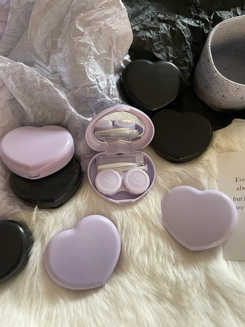 BXOXO Heart Black Purple Contact Lenses Box for Color Eyes Tool Kit Contact Lens Storage Care Holder Container with Mirror Tweezer