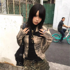 BXOXO Vintage T Shirt Women Patchwork Long Sleeve Skinny Tee Tops Streetwear Y2k Aesthetic Grunge Tops Tie Dye Tee Tops 2000s