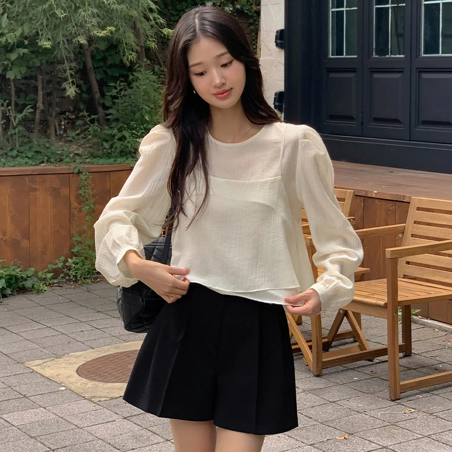 Bxoxo Unique Long Sve See-tough Tank Top Strap Vest Two-piece Set Chic Korean Sle Loose Fit round Ne Lantern Sve  ...