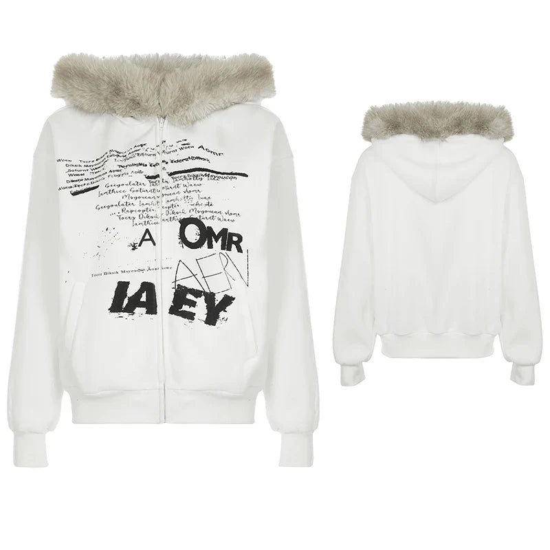 BXOXO Zip Up Fur Neck Hoodie Coats Fashion Slim Solid Y2K Vintage Women's Jackets Casual Streetwear Chic Basics Clothes