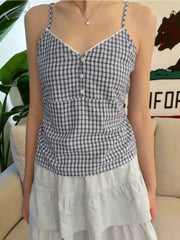 BXOXO Vintage Navy Plaid Tank Top Woman Lace Trim V-neck Buttons Back Lace-up Cotton Camis Summer Casual Streetwear Sweet Slim Vest