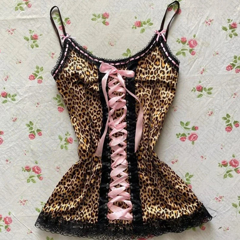 BXOXO American Retro Punk Rock Hip Hop Harajuku Y2K Women's Camisole Top Sexy Slim Chic Lace Bow Leopard Crop Top Emo Girls Streetwear