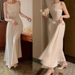 Bxoxo South korea Chic Gentle Sle Light Luxury off-Shoulder Advanced Design Sense  Sleeveless Long Versatile Dress