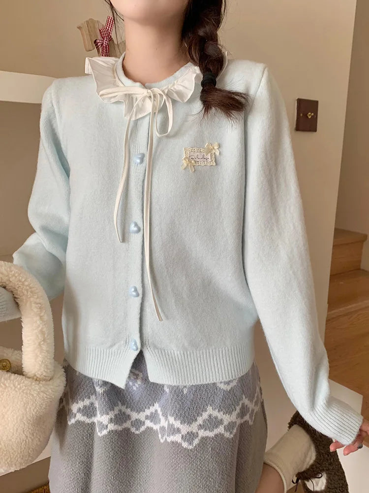 Bxoxo Ruffles Sweet Cardigan Women Cute Long Sleeve Bow Sweaters Preppy Style O Neck Japan Kawaii Letter Lace Up Love Buttons Top