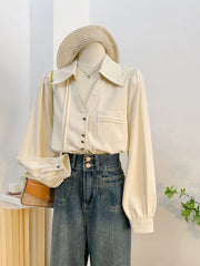 Bxoxo Korean Long Sleeve Shirt Women Autumn Loose Lapel Tops Harajuku Single Breasted Simple Basic All Match Ladies White Blouse