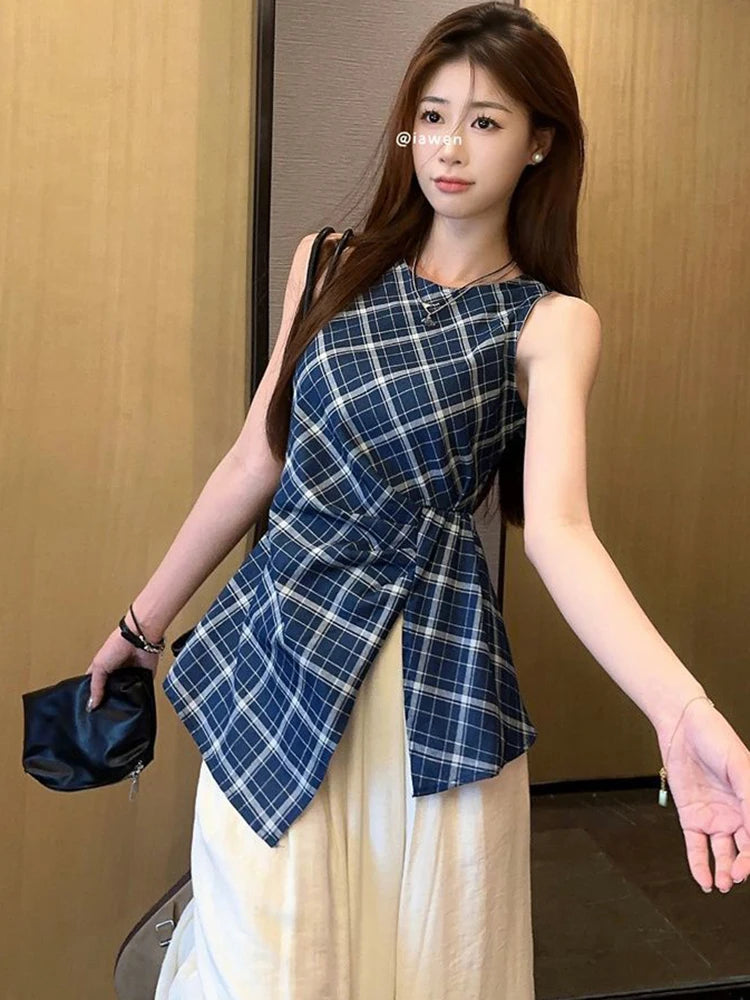 Bxoxo Vintage Slit Plaid Tanks Women Casual O Neck Sleeveless Korean Retro Tanks Summer Simple Design Female Elegant Tops New