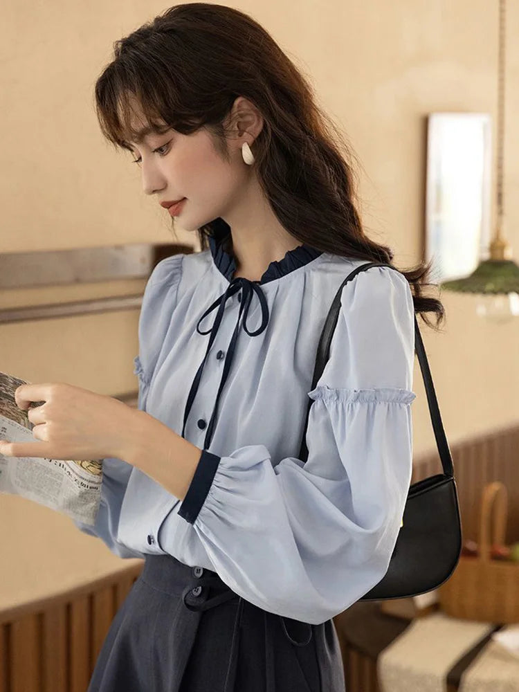 Bxoxo Sweet Retro Blue Blouse Women Elegant Long Sleeve Japan Shirt Fall Loose Preppy Style Ruffles Lace Up Vintage Lady Tops New