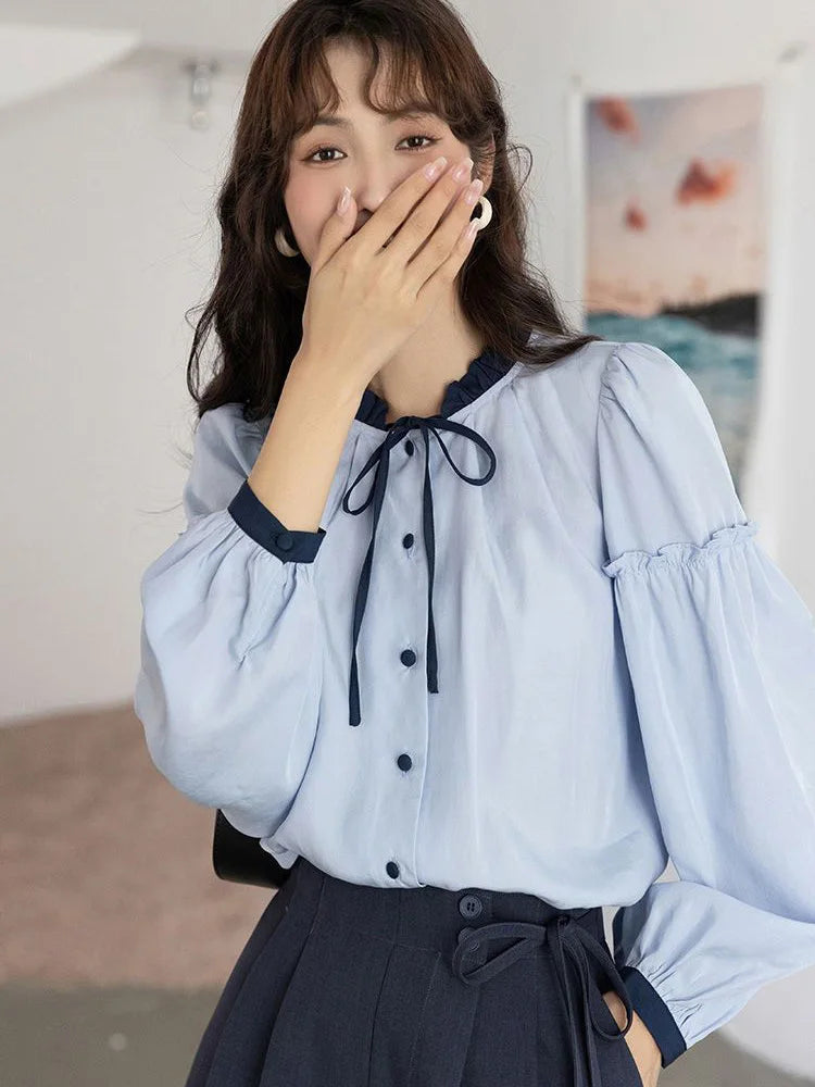 Bxoxo Sweet Retro Blue Blouse Women Elegant Long Sleeve Japan Shirt Fall Loose Preppy Style Ruffles Lace Up Vintage Lady Tops New