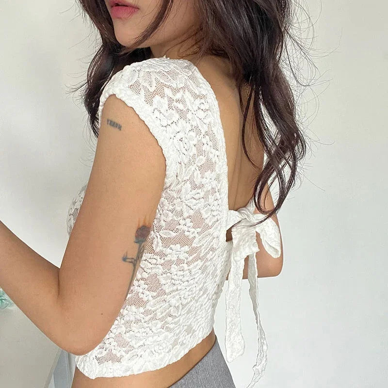 Bxoxo Y2K Lace Patchwork Women T Shirt French Sexy Backless Lace-Up Short Sleeve White Crop Tops Female Summer Slim Bottoming Tees