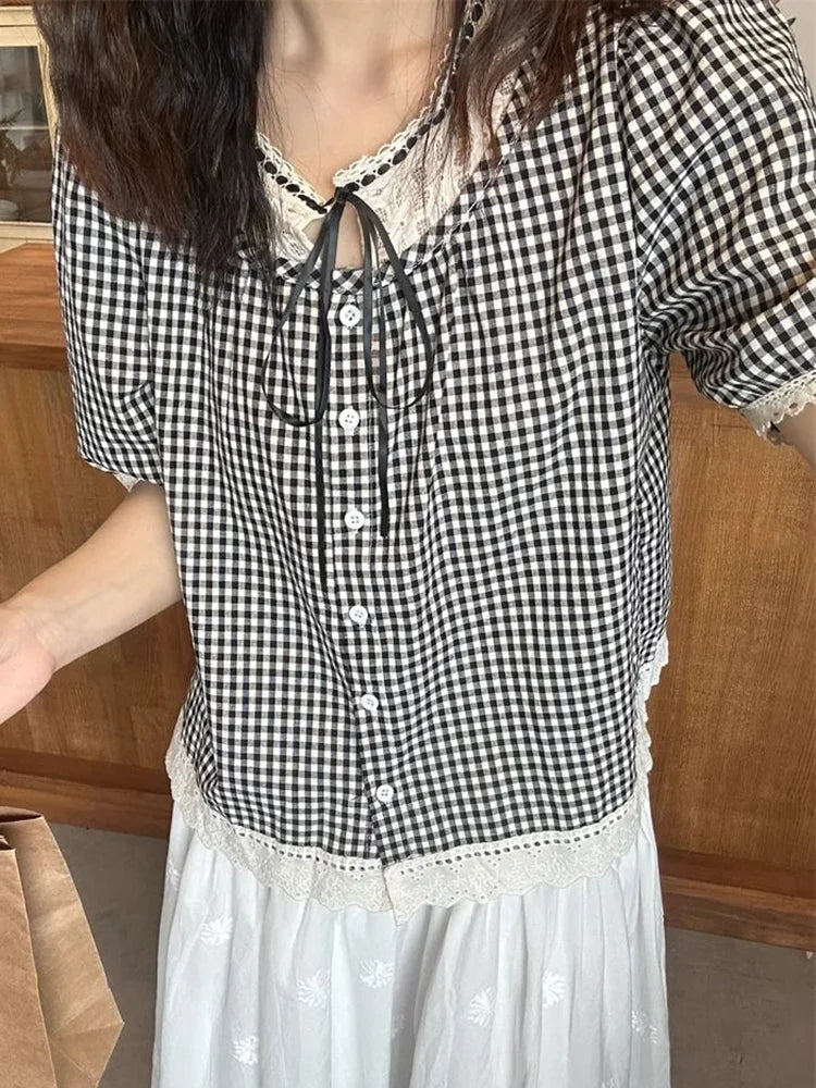 BXOXO Sweet Vintage Women Plaid Blouse Casual Preppy Style Lace Patchwork Loose Shirt Cute Retro Female Short Sleeve Lace Up Tops