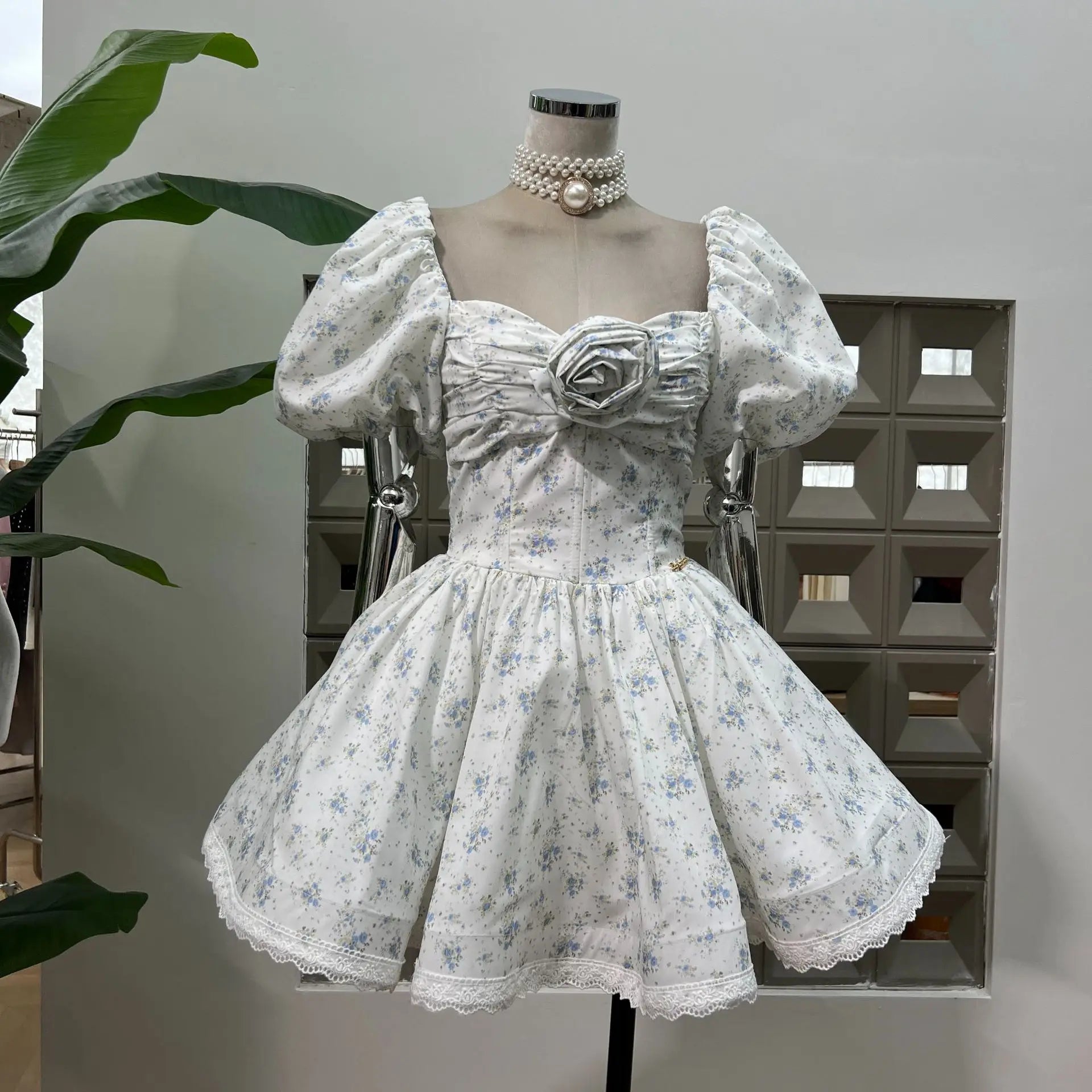 BXOXO French Spliced Appliques Sweet A Line Dresses For Women Slash Neck High Waist Printing Lace Backless Dress Female Fashion